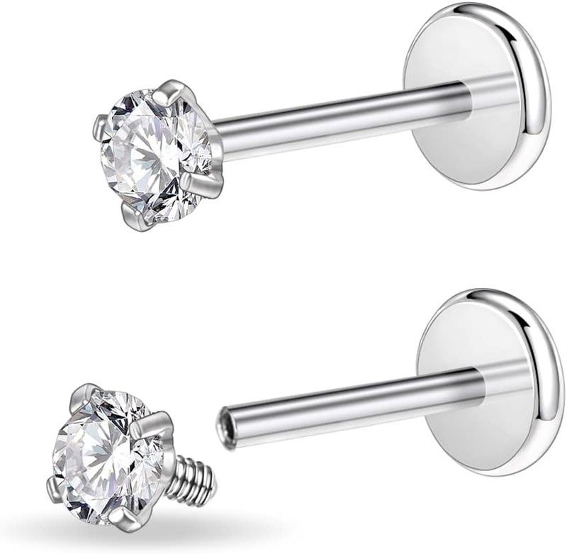 PunkTracker 16g/18g Surgical Steel Internal Thread CZ Stud Piercing Jewelry for Tragus/Nose/Helix/Conch/Medusa/Lip/Labret - Helix Tragus Cartilage Earring for Women Men 2PCS - Image 1